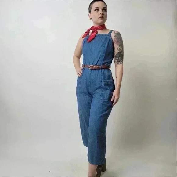 Wide Leg Denim Cropped Romper Jumpsuit - M - Picture 5 of 10